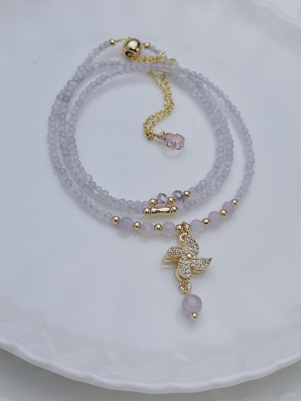 GB96 Handmade Lavender Amethyst Triple Layers Bracelet Necklace 2in1 20+5” - Picture 2 of 6